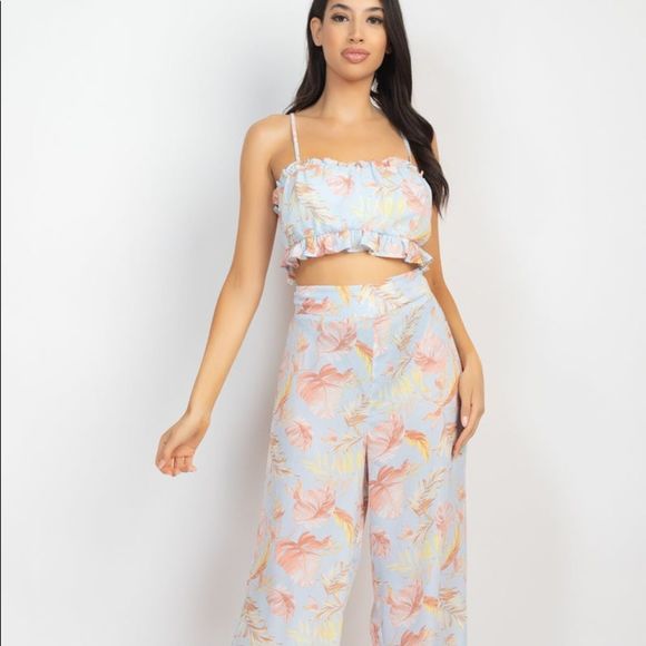 Tropical Ruffled Cut-Out Top & Pants Set - Picture 1 of 5